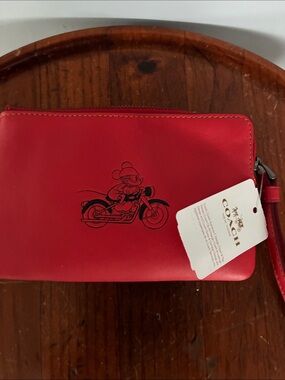 Coach Red Leather Wristlet with Motorcycle Mickey Graphic